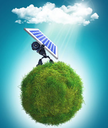 Robot tenant un panneaux solaire vers le ciel sur la terre